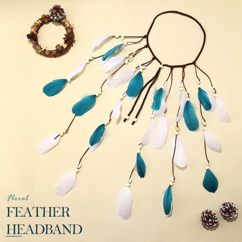 Vista 2 de Diadema de plumas bohemias, disfraz de gitano indio, tocados de concha azul, tocados hechos a mano, accesorios para el cabello de plumas