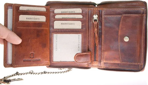 Vista 5 de FLW Cartera de piel auténtica esmaltada con cremallera alrededor (cremallera alrededor) con cadena, Marrón, Cartera con cremallera