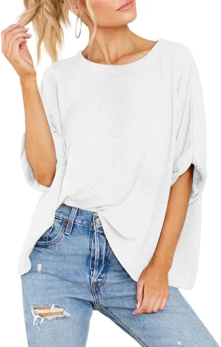 Vista 4 de Camiseta de manga corta para mujer, de gran tamaño, cuello redondo, holgada, casual, para verano