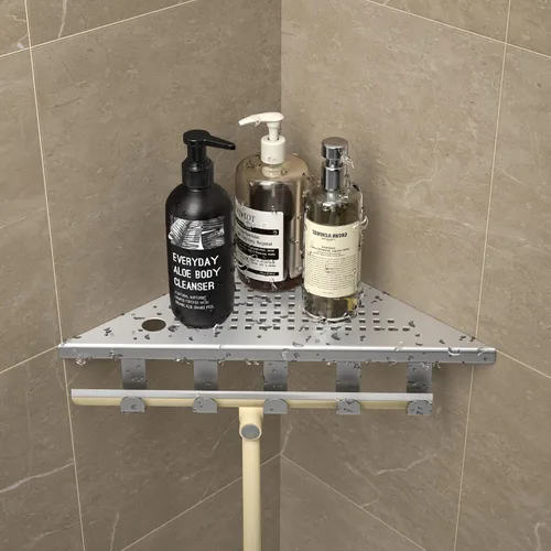 Vista 7 de Estantes de ducha con ganchos, estante esquinero de baño de acero inoxidable 304 para pared de azulejos (cepillado, 10 pulgadas)