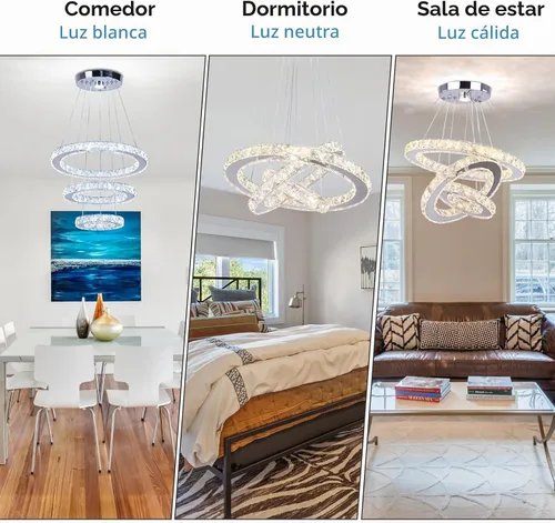 Vista 7 de Candelabro LED de cristal con iluminación regulable LED moderna lámpara de techo de 3 anillos ajustable de acero inoxidable para dormitorios y sala