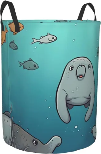 Vista 2 de Crazy Save Manatee print Circular Hamper Waterproof Storage Bin Organizer Basket Laundry Hamper With Handles For Clothes Toys Small