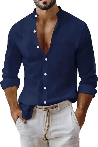 Vista 27 de Camisa de lino de algodón para hombre, manga larga con botones, cuello alto con bandas para playa y verano