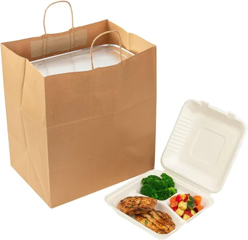 Vista 2 de AmerCare Royal Case - 200 bolsas de papel kraft reciclables con asas trenzadas, bolsas de comestibles marrones ecológicas, embalaje duradero