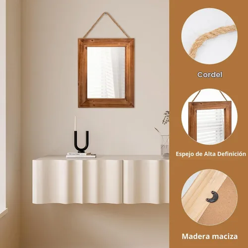 Vista 3 de OKSQW Espejo de pared de granja, espejo rectangular de madera rústica marrón, marco de madera decorativa de 16 x 12 pulgadas, con espejo y cuerda