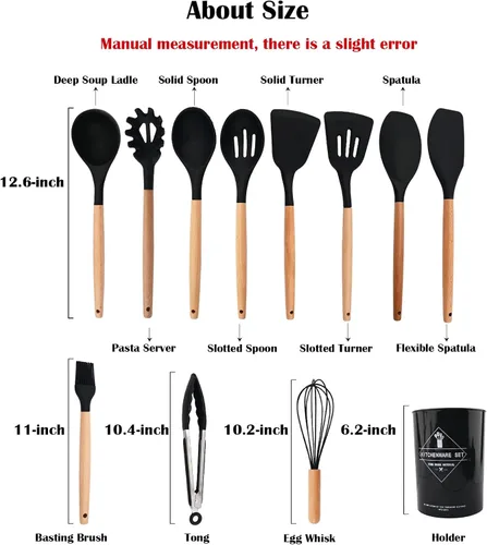Vista 6 de 1 cucharón de silicona negra para sopa profunda, resistente al calor, cuchara de goma antiadherente grande con mango de madera para cocinar 1