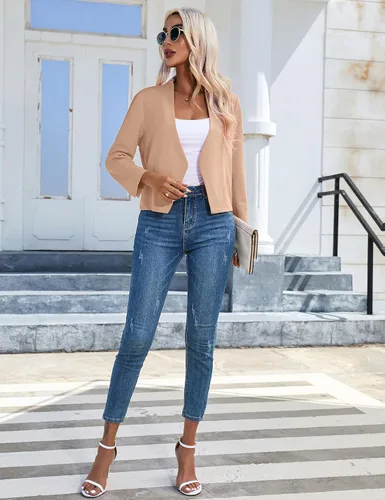 Vista 5 de KOJOOIN Blazer corto casual de otoño 2023 para mujer, manga 34, frente abierto, ligero, para trabajo, oficina, chaqueta bolero