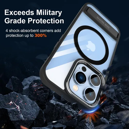 Vista 5 de DOB SECHS Funda transparente de metal compatible con Magsafe para iPhone 13 Pro Max, con botón de aleación de aluminio, soporte de 3 vías