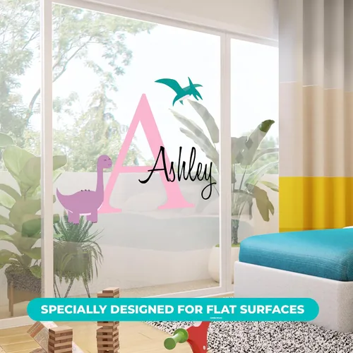 Vista 3 de e-Graphic Design Inc Calcomanías de pared de dinosaurio personalizadas con nombre e inicial, decoración de dormitorio de dinosaurio para niños