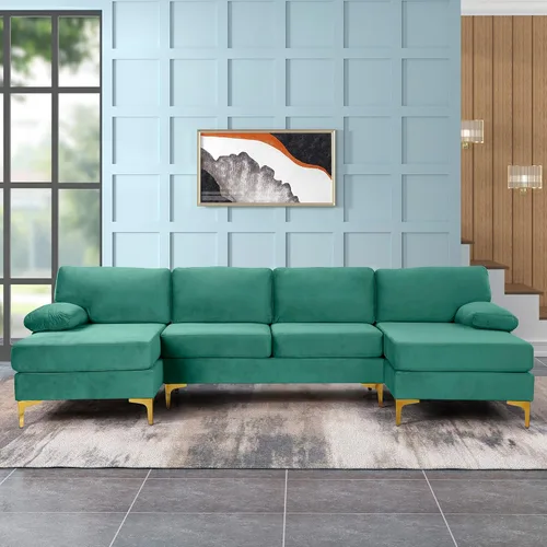 Vista 36 de Sofá modular moderno en forma de L, con diván extra ancho y patas doradas Gris