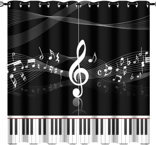 Vista 21 de Cortinas opacas de oscurecimiento de habitación con ojales, diseño rústico de símbolos musicales blancos y negros, tratamiento de ventana