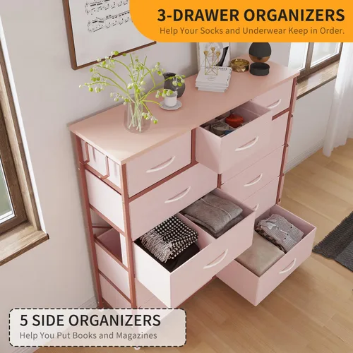 Vista 39 de Cómoda de almacenamiento de tela con 11 cajones para organización del dormitorio, cómoda con estantes profundos, bolsillos laterales y ganchos, Negro