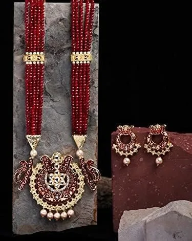 Vista 2 de OZANOO - Juego de collar Kundan Meena dorado largo y pesado para mujeres y niñas, juego de collar Kundan Jaipuri, joyería tradicional india