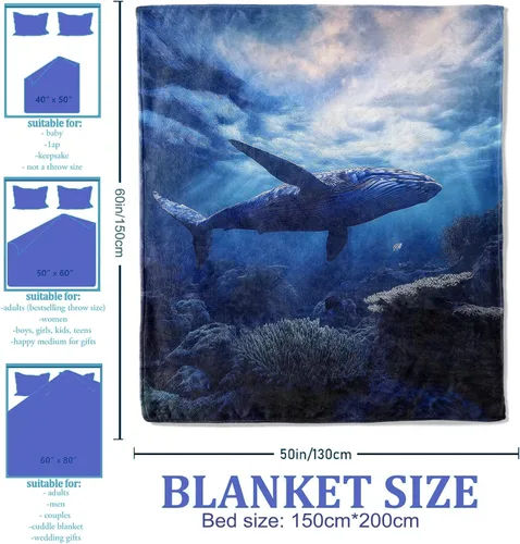 Vista 2 de Manta subacuática de ballena de 40 x 50 pulgadas, mantas para amantes del océano para decoración de sofá y cama, franela de felpa de poliéster