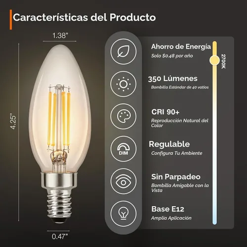 Vista 2 de Sylvania - Bombilla LED TruWave Natural Series Décor B10, equivalente a 40 W, eficiente 4 W, base de candelabro, regulable, 350 lúmenes
