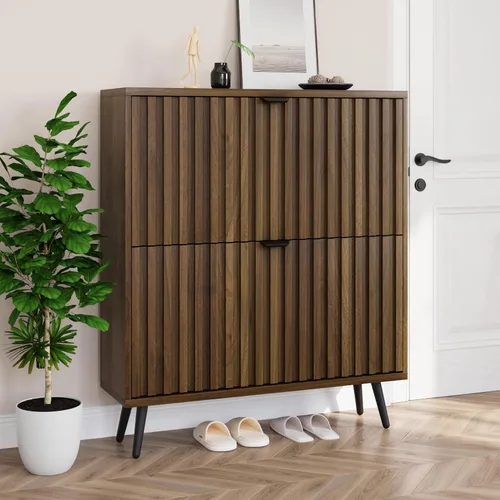 Vista 14 de Smuxee Armario de zapatos con 2 cajones abatibles, gabinete de almacenamiento de zapatos oculto natural de 23.6 pulgadas con diseño estriado
