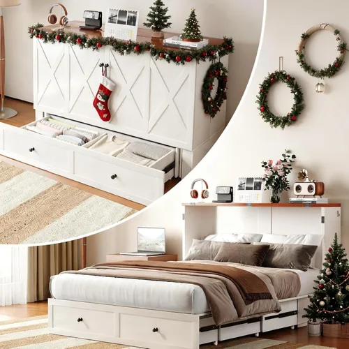 Vista 10 de PUREMIND Cama Murphy de tamaño completo con gabinete, marco de cama escondite multifuncional con cajones de almacenamiento, puertos de carga USB