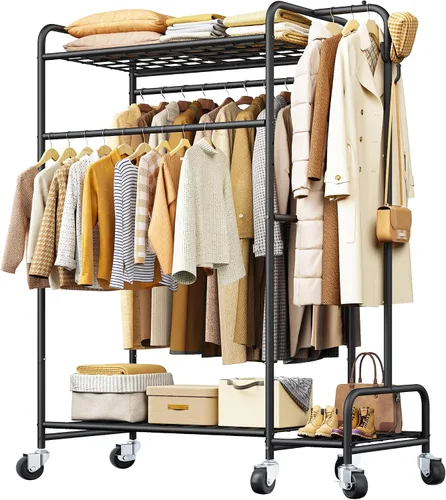 Vista 10 de Raybee Percheros para colgar ropa, perchero ajustable con ruedas bloqueables, estantes de almacenamiento, estante multifuncional para dormitorio