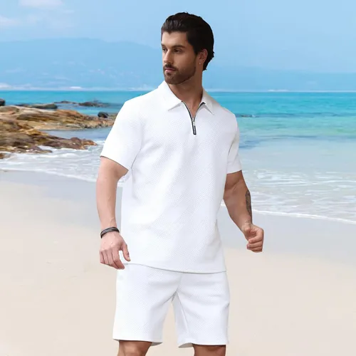 Vista 3 de Aulemen Conjunto deportivo de 2 piezas con cremallera para hombre, manga corta, camiseta polo y pantalones cortos, conjuntos de verano para hombre