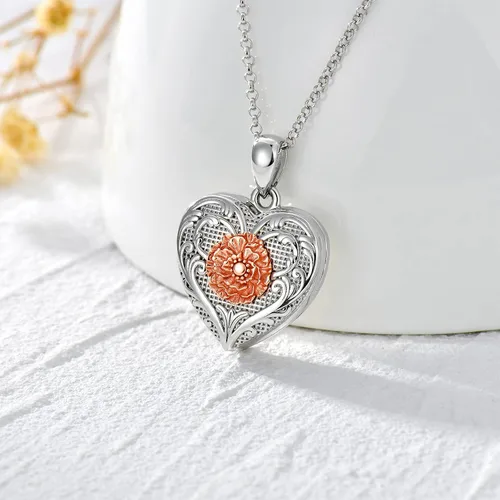 Vista 2 de SOULMEET Collar con medallón de girasol, rosa y margarita, con forma de corazón que sostiene fotos y mantiene a alguien cerca de ti, plata
