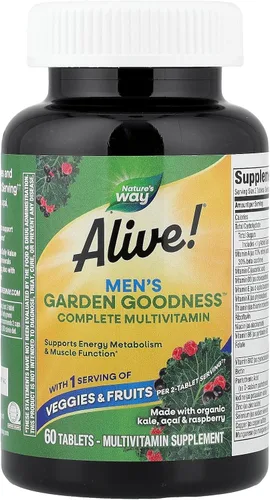 Vista 4 de Nature's Way Alive! Garden Goodness Multivitamínico para hombre, una porción de verduras y frutas (1), vitaminas B de alta potencia, 60 tabletas