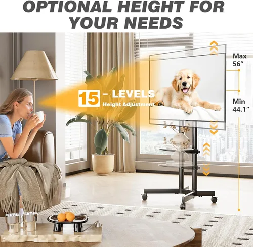 Vista 2 de Soporte de TV rodante con ruedas mejoradas para televisores de 32 a 75 pulgadas, soporte de TV móvil de altura ajustable con estante para laptop