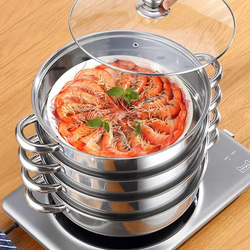 Vista 5 de Olla de acero inoxidable para albóndigas vegetales, olla de vapor multifuncional de 4 niveles para cocinar, diámetro de 11.0 in, juego de brillo