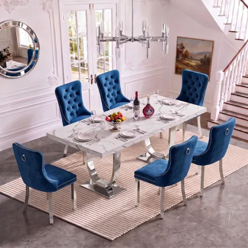 Vista 23 de Henf Mesa de comedor rectangular de mármol sintético blanco de 70 pulgadas Blanco & Oro