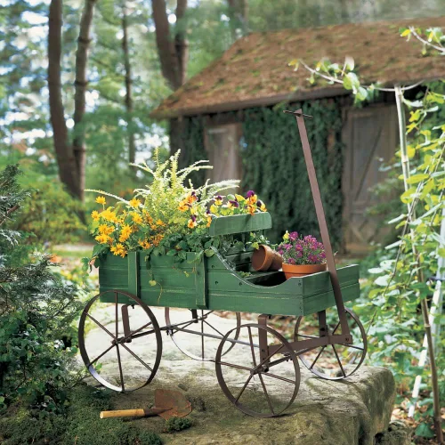 Vista 6 de Carreta Amish decorativa, maceta de jardín de atrás de interior y exterior, Estándar, Verde