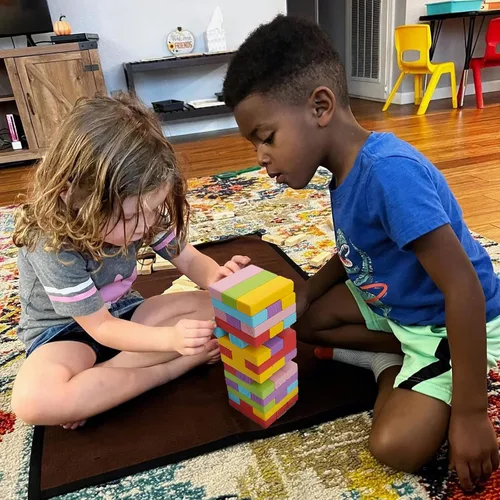 Vista 3 de Gentle Monster Juegos de mesa apilables coloridos de madera, bloques de construcción para niños y niñas, 54 bloques de equilibrio de madera, juguete