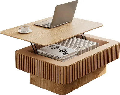 Vista 9 de Mesa de centro redonda de 39.4 pulgadas con almacenamiento oculto, mesa de centro de tambor de madera maciza con diseño artesanal Releifs, moderna