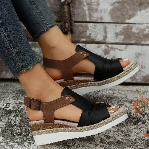 Vista 2 de Womenyiaor Sandalias de cuña para mujer, alpargatas para mujer, puntera abierta, correa al tobillo, sandalias de tacón de cuña, sandalias elegantes