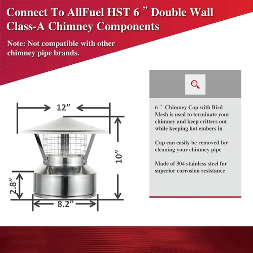 Vista 4 de AllFuel HST Tapa de lluvia con pararrayos de chispas de 3/4 pulgadas para tubo de chimenea aislado de doble pared de acero inoxidable 304 de 6