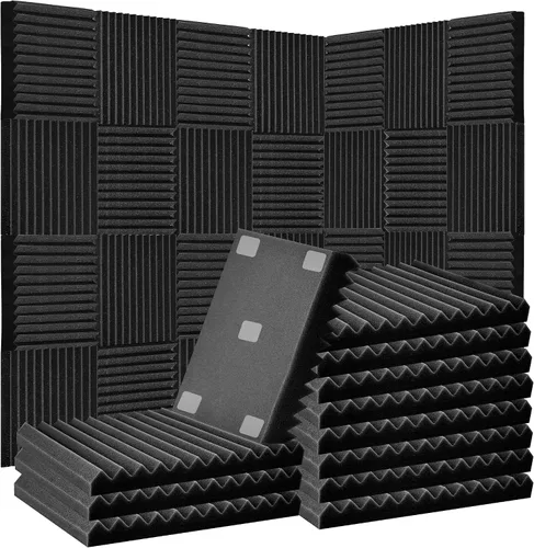 Vista 11 de Paquete de 52 paneles de espuma acústica de 1 x 12 x 12 pulgadas, paneles de pared de espuma acústica de absorción de sonido (negro/azul)