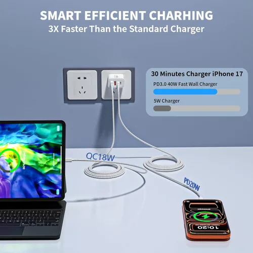 Vista 7 de Cargador de carga rápida para iPhone 17 16 15 Pro Max de 10 pies, 40 W, paquete de 2 4 puertos PD y AC, cable de carga rápida USB C a C de 10 pies