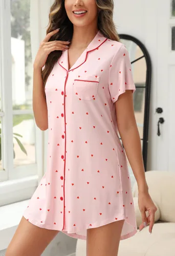 Vista 173 de Samring Camisón de pijama para mujer, manga corta/larga, con botones, camisón para dormir, camisón para novio, talla XXL