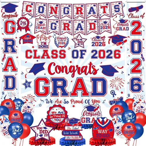 Vista 15 de Decoraciones de graduación 2026, juego de decoraciones de graduación rojo y negro con pancarta y telón de fondo de felicitaciones, letrero
