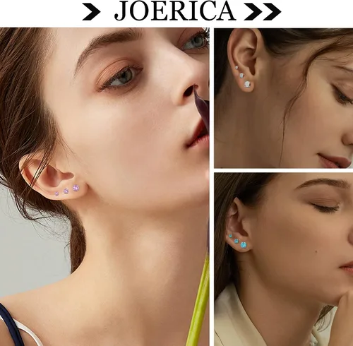 Vista 4 de JOERICA 12 pares de aretes tipo dormilona de acero inoxidable de 0.71 oz con circonita cúbica para mujeres y hombres, para cartílago, hélice, 0.079