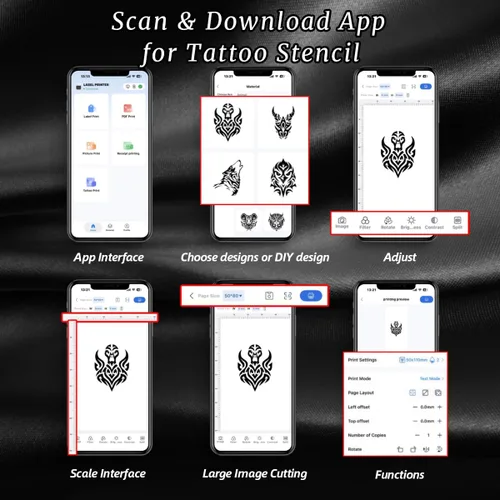 Vista 6 de Bowitzki Mini impresora de plantillas de tatuaje, impresora de tatuaje Bluetooth con 50 piezas de papel de transferencia, máquinas de tatuaje