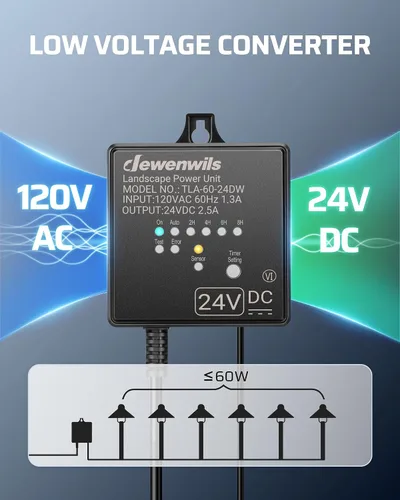 Vista 2 de DEWENWILS Transformador de paisaje de bajo voltaje, 60 W 120 V CA a 24 V CC, transformador de iluminación de paisaje con temporizador y sensor