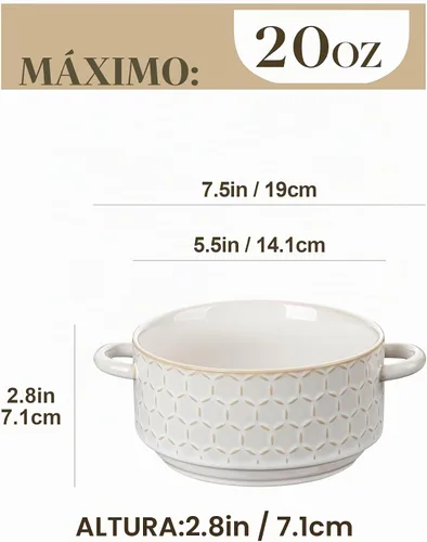 Vista 2 de MALACASA Juego de 4 cuencos de cerámica de 20 oz con asas – Cuencos de sopa de cebolla francesa aptos para horno y microondas, patrones únicos