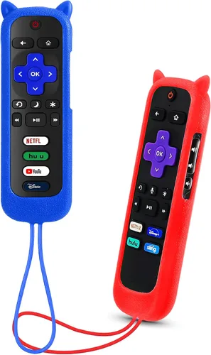 Vista 19 de ONEBOM - Juego de 2 fundas para control remoto Roku con diseño de orejas de Azul resplandor y rosa brillante
