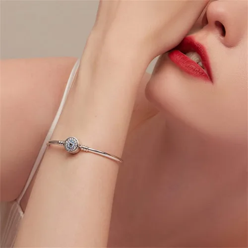 Vista 3 de BISAER Pulsera de plata de ley con cierre de dije para abalorios con piedras preciosas de zafiro, tapón de bloqueo de clip de ojo malvado