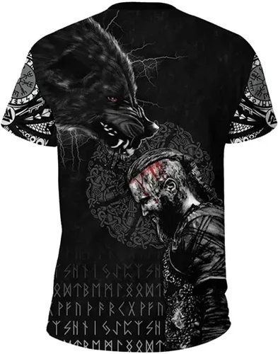 Vista 2 de Camisetas nórdicas de manga corta con estampado de lobo vikingo Odin Fenrir con estampado 3D, camisetas casuales de entrenamiento para la calle