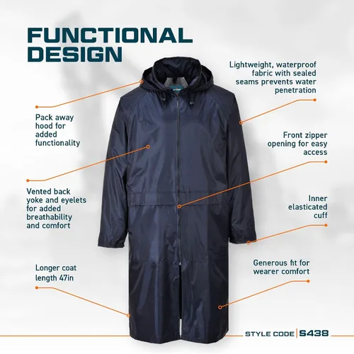 Vista 4 de Portwest S438 - Chubasquero largo para hombre, ligero, impermeable, clásico
