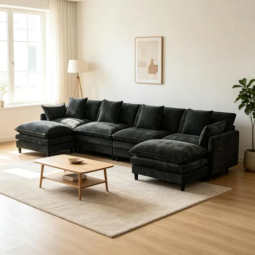 Vista 9 de Sofá modular convertible seccional, sofá de 4 asientos en forma de L con diván reversible, sofá de nube de asiento profundo, sofá cama 3 en 1, tela