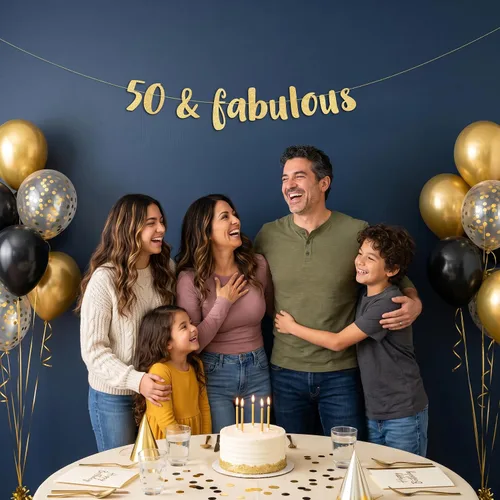 Vista 5 de Cartel de 50 y fabuloso con purpurina dorada preencordada, divertidas decoraciones de cumpleaños 50 y aniversario para hombres y mujeres, Dorado