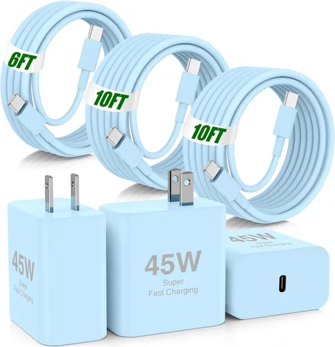 Vista 21 de USB C de carga súper rápida de 65 W para iPhone 17 16 Pro Max, bloque de carga USB C de 3 puertos de 100 W y cable trenzado tipo C de 3/6/6/10 pies