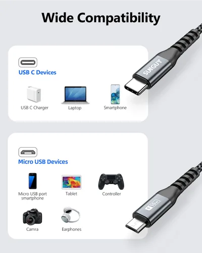 Vista 5 de SUNGUY Cable USB C a Micro USB de 6 pulgadas, paquete de 2, trenzado