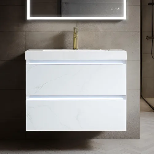 Vista 22 de Blossom Tocador de baño LED de 24 pulgadas – Tocador flotante montado en la pared con luces – 100% impermeable PVC de grado marino – Moderno
